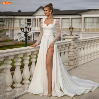 KA JUN Simples SideSlit Vestido de Noiva de Cetim Vestidos De Noiva Scalloped de Pescoço Mangas compridas, Uma Linha de Vestido de Noiva Robe De Mariée
