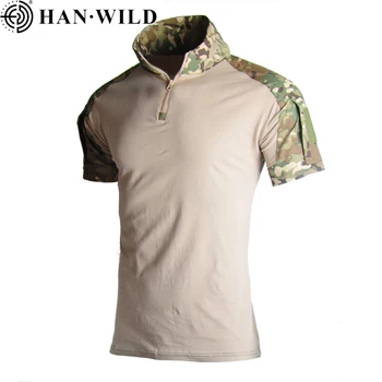 HAN WILD T-shirt de Camuflagem Camisa de Mangas Curtas Homens de Caminhada Camisa de Combate T-shirt Militar Roupas Elástico Tecido Respirável