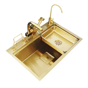 Nano ouro 304 pia única bacia da pia da cozinha única e grande dissipador da bacia multifuncional incorporado sob a bacia contrária