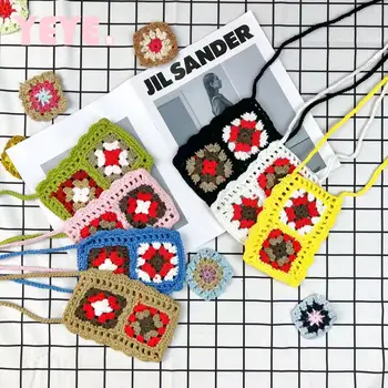 Mini Flor De Tricô Saco Do Telefone Mulheres Crossbody Bags Crochet Designer Saco De Ombro Nacional, Para Um Pequeno Oco Moedas Bolsas Aba