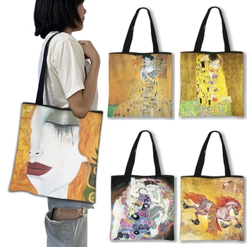 Pintura A Óleo Por Gustav Klimt, Sacola De Compras Mulheres Bolsa Beijo Lágrima La Virgen Sacos De Ombro, Casual Tote Grande Capacidade Shopper Bag