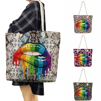 Leopard Arco-Íris Lábios Impresso Tote Bag Duplo Feminino De Poliéster De Viagem Elegante Bolsas Para Mulheres Moda Reutilizáveis Corda Grossa Shopper Bag