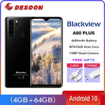 Blackview A80, Além de NFC 4GB+64GB Android 10.0 MT6762D Octa Core 6.49 polegadas 4680mAh Smartphone 13MP Quad Câmera Móvel 4G Telefone