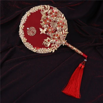 Antigo rodada de Seda Fã de Noiva do Casamento de Mulheres Cerimônia Fã Obter Boquet Titular Chinês Tradicional Vestido de Noiva Artesanais Oi Fã