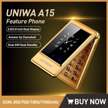 UNIWA A15 2G GSM Telefone de Recurso 2.0/3.0 Polegadas, Ecrã Duplo Flip do Telefone Big Push-Button de Celulares Dual Sim Dual Standby para Seniores