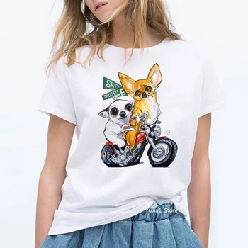 Chihuahua com uma moto impresso camisetas divertidas mulheres brancas vintage t-shirt femme estética roupas amante do cão top de verão