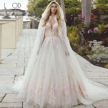 IOD decote em V Uma Linha de Vestido de Casamento de Luxo 3D Apliques de Renda Manto Regular Alça de Vestido de Noiva Zíper Vestido De Noiva 2023